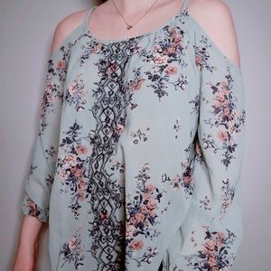 Rewind River Green Floral Blouse Cut-Out Sleeves